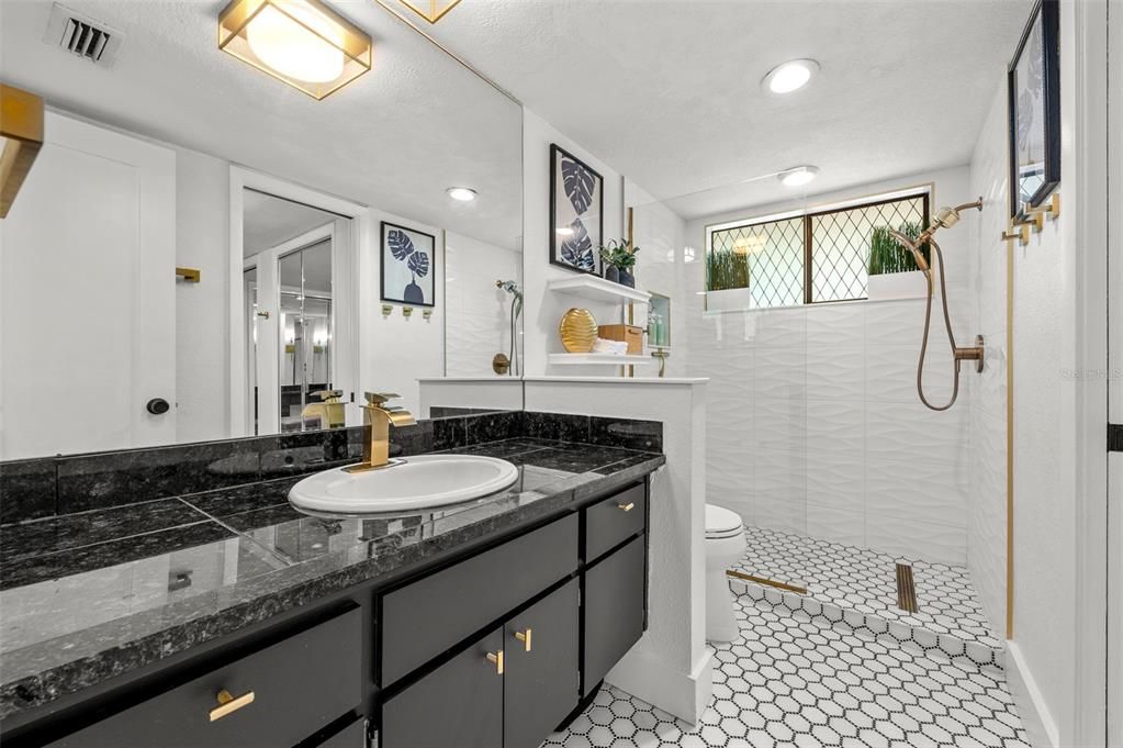 Bathroom, Dual Sink Vanities, Glass Shower, Interior, Recessed Lighting, Tile Countertops
