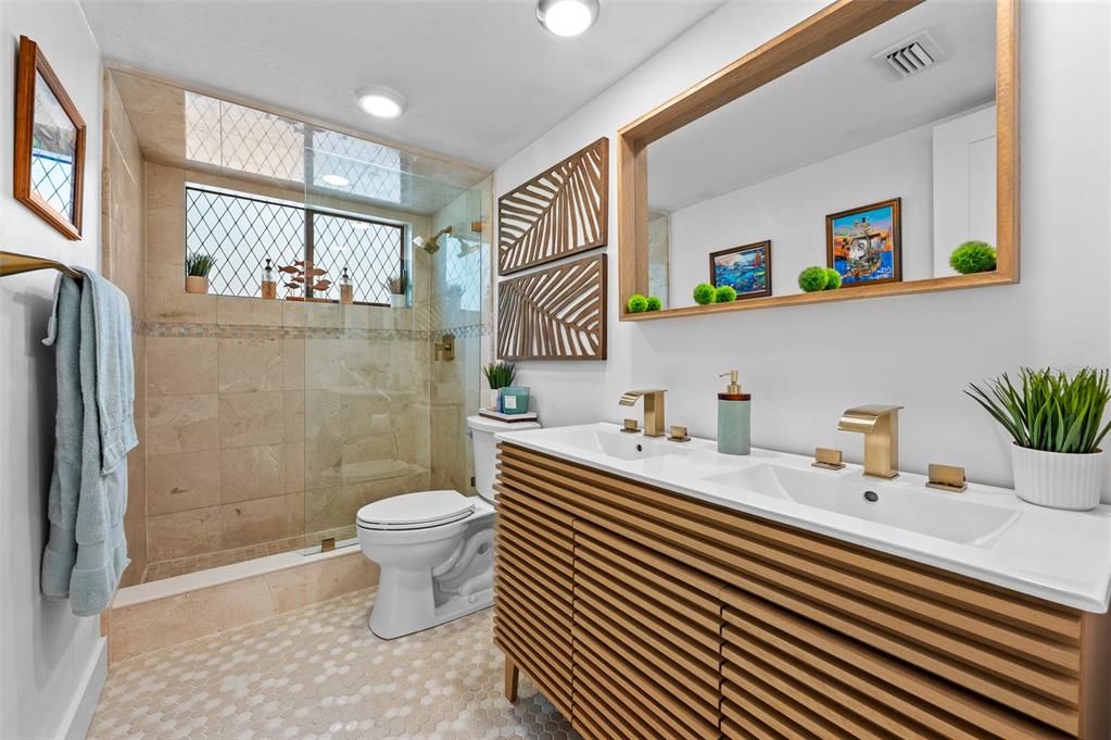 Bathroom, Glass Shower, Interior, Recessed Lighting