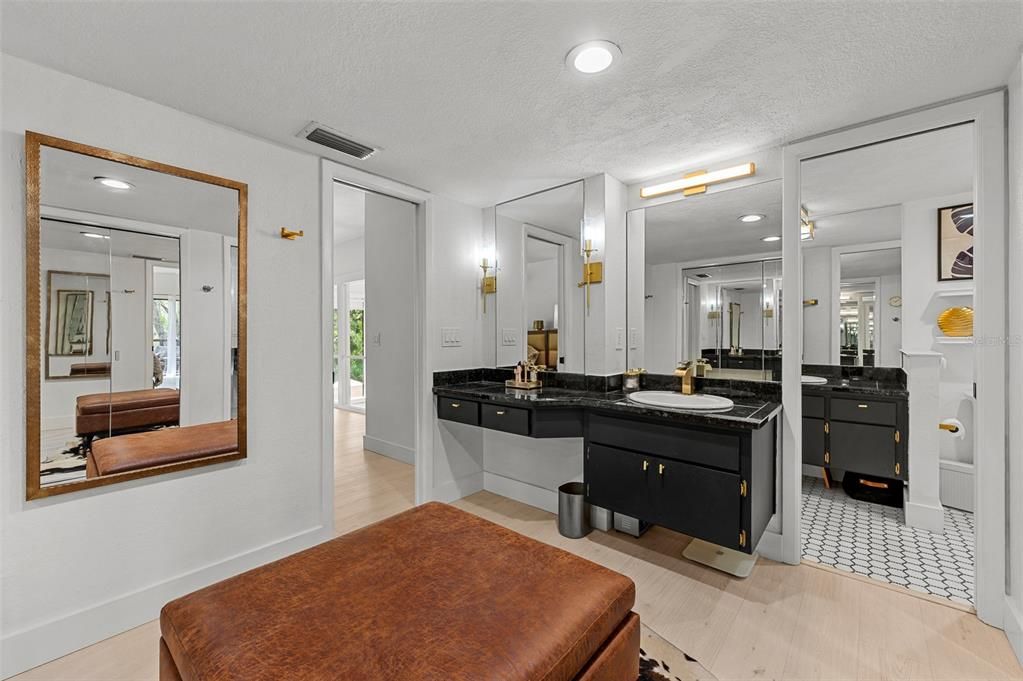 Bathroom, Dual Sink Vanities, Interior, Recessed Lighting, Wood Texture Flooring