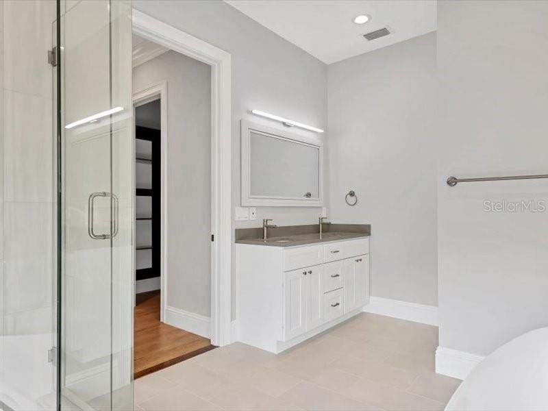 Bathroom, Glass Shower, Interior, Recessed Lighting, Wood Texture Flooring