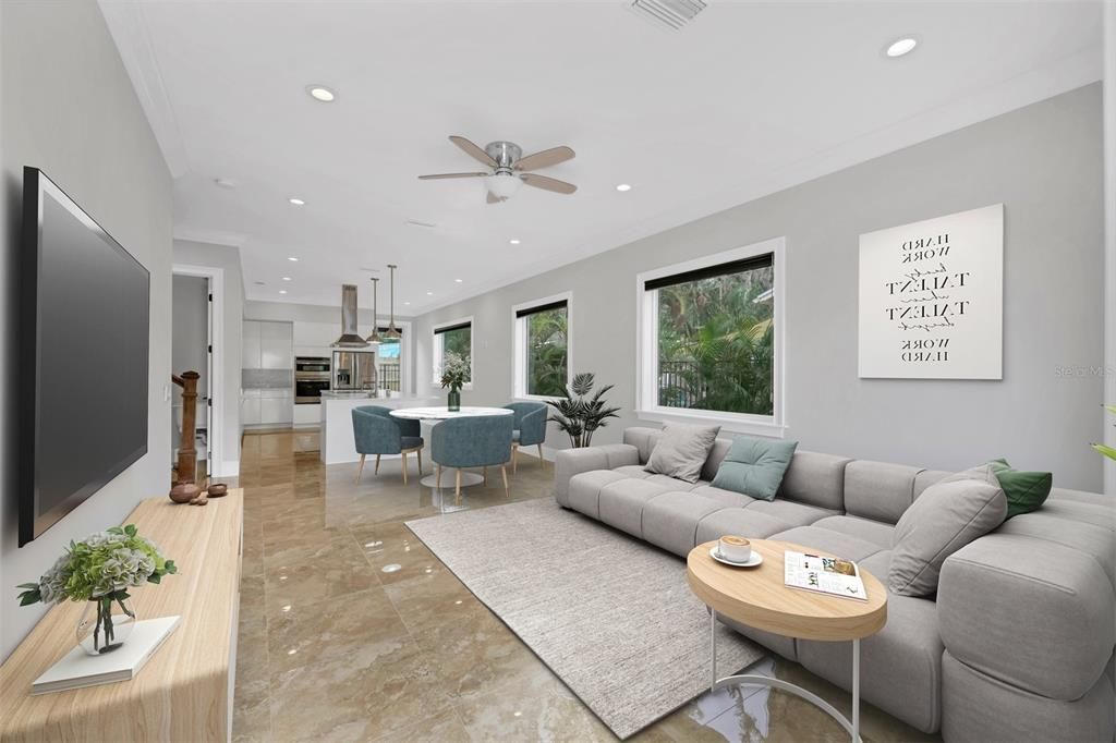 Dining room, Interior, Kitchen, Living room, Pendant Lights, Recessed Lighting, Stainless Steel Appliances