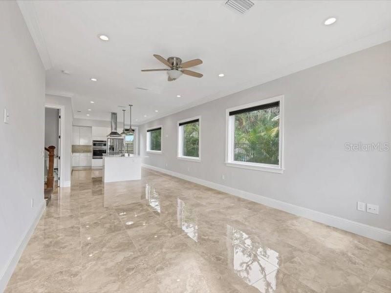 Empty room, Interior, Kitchen, Pendant Lights, Recessed Lighting, Stainless Steel Appliances