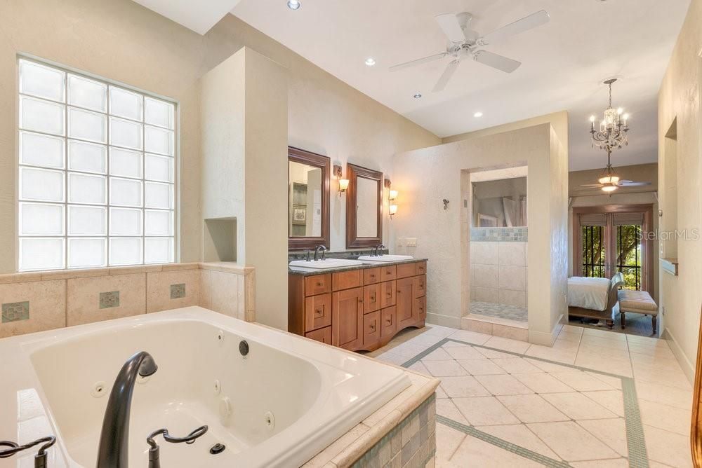 Bathroom, Chandelier, Dual Sink Vanities, Interior, Recessed Lighting