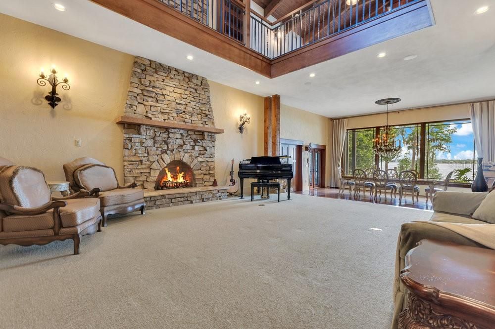 Dining room, Fireplace, Interior, Piano, Recessed Lighting, Stone Walls