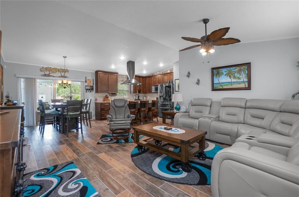 Dining room, Interior, Kitchen, Living room, Pendant Lights, Recessed Lighting, Wood Texture Flooring