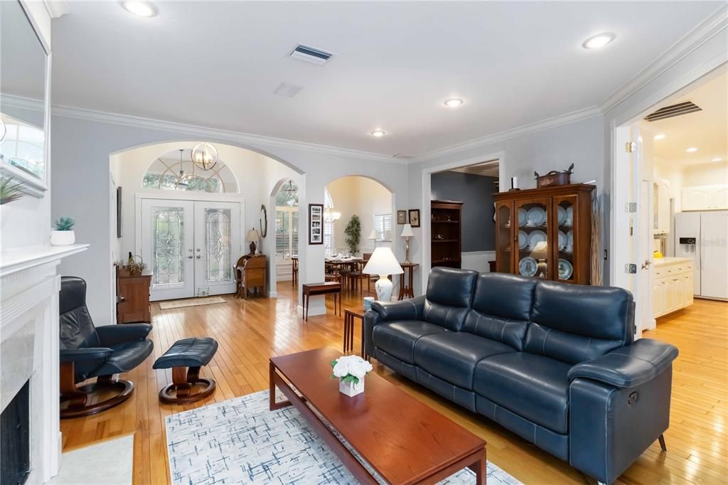 Fireplace, Interior, Living room, Recessed Lighting, Wood Texture Flooring