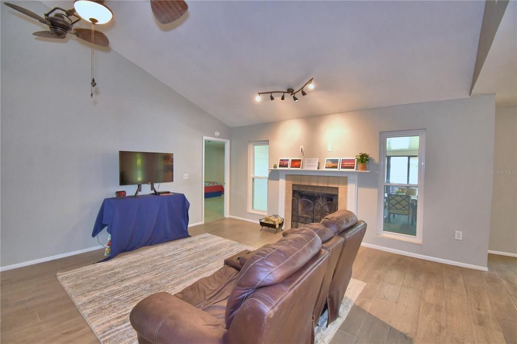 Bedroom, Fireplace, Interior, Wood Texture Flooring