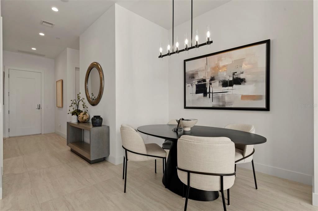 Dining room, Interior, Pendant Lights, Recessed Lighting, Wood Texture Flooring