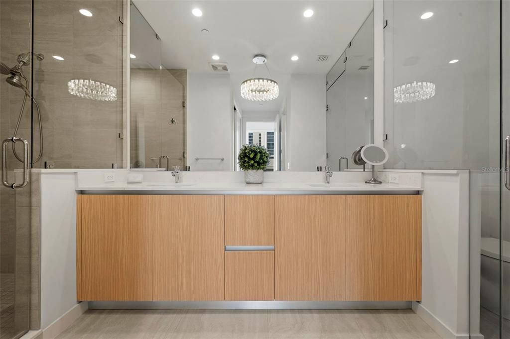 Bathroom, Chandelier, Dual Sink Vanities, Glass Shower, Interior, Recessed Lighting