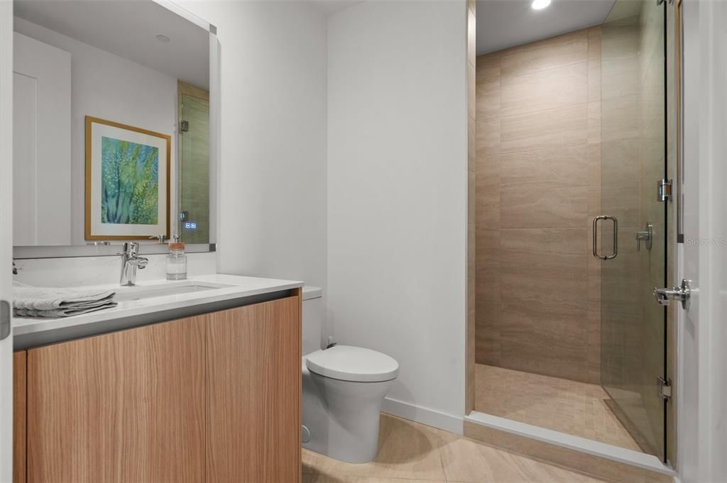 Bathroom, Glass Shower, Interior, Recessed Lighting, Wood Texture Flooring