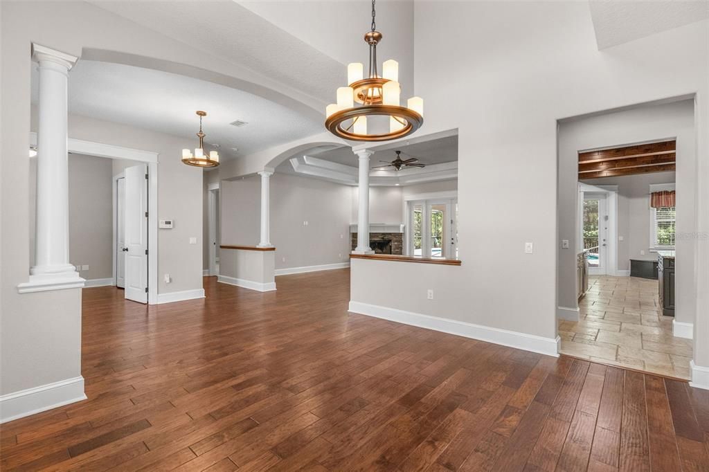 Chandelier, Empty room, Interior, Pendant Lights, Wood Texture Flooring