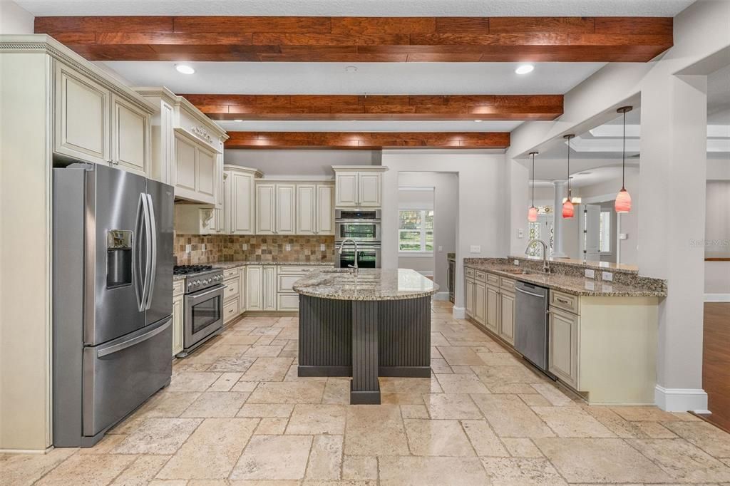 Interior, Kitchen, Pendant Lights, Recessed Lighting, Stainless Steel Appliances, Wooden Beams