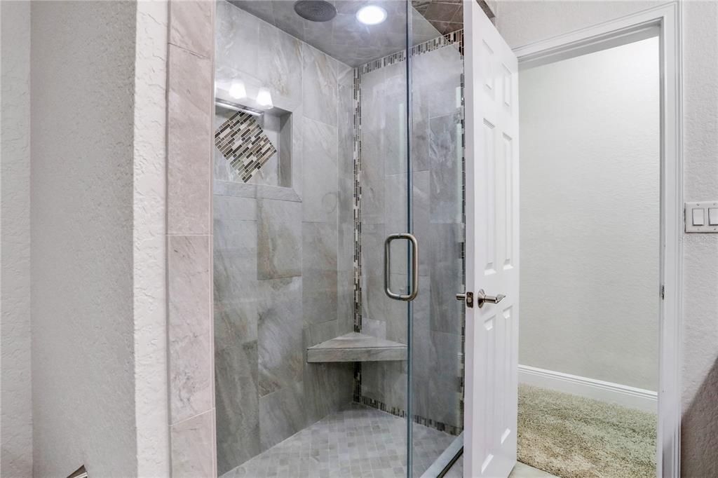Bathroom, Glass Shower, Interior, Marble Walls, Recessed Lighting