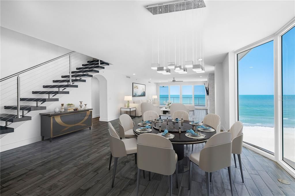 Dining room, Interior, Pendant Lights, Water, Wood Texture Flooring
