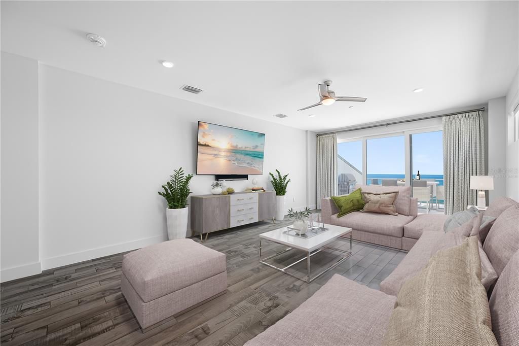 Interior, Living room, Recessed Lighting, Water, Wood Texture Flooring