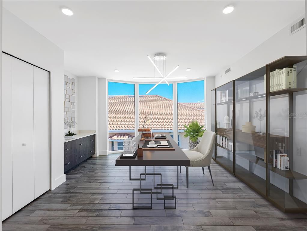 Home Office, Interior, Pendant Lights, Recessed Lighting, Wood Texture Flooring