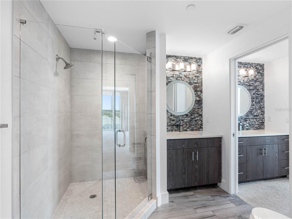 Bathroom, Glass Shower, Interior, Wood Texture Flooring