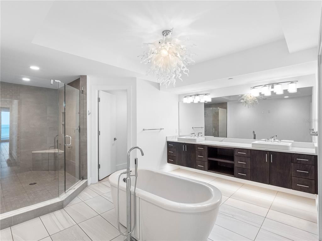Bathroom, Chandelier, Dual Sink Vanities, Free Standing Baths, Glass Shower, Interior, Recessed Lighting, Water