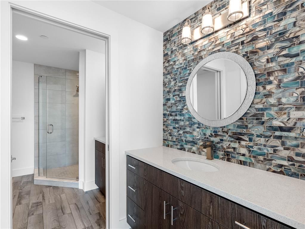 Bathroom, Glass Shower, Interior, Recessed Lighting, Wood Texture Flooring