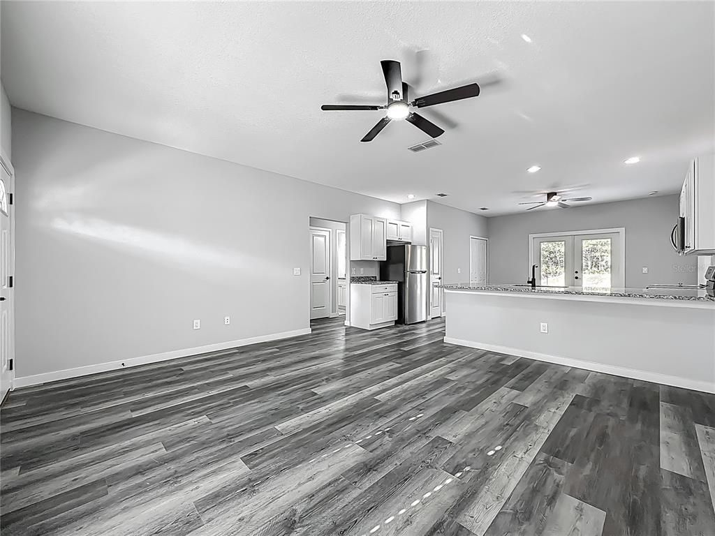 Empty room, Interior, Kitchen, Recessed Lighting, Wood Texture Flooring