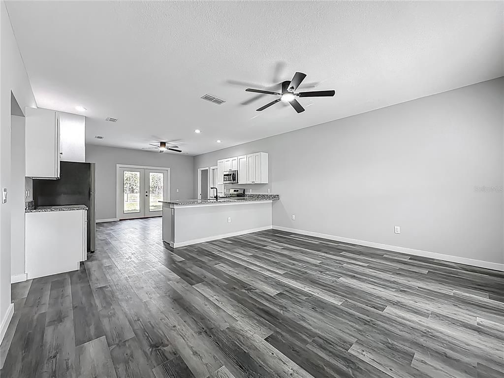 Empty room, Interior, Kitchen, Recessed Lighting, Wood Texture Flooring