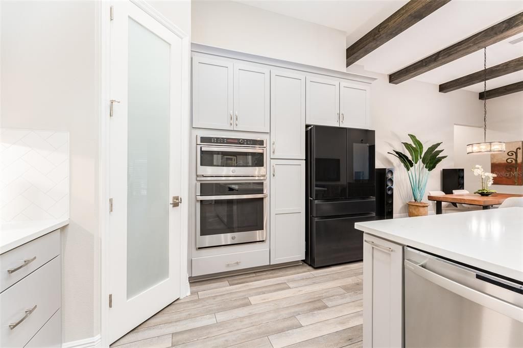 Interior, Kitchen, Pendant Lights, Stainless Steel Appliances, Wooden Beams, Wood Texture Flooring