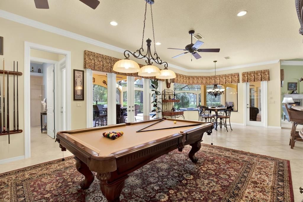 Billiard Table, Chandelier, Dining room, Game Room, Interior, Pendant Lights, Recessed Lighting