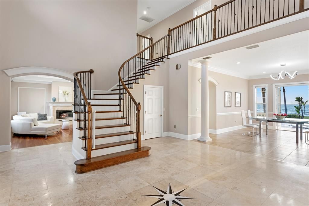 Chandelier, Dining room, Fireplace, Interior, Living room, Recessed Lighting, Wood Texture Flooring