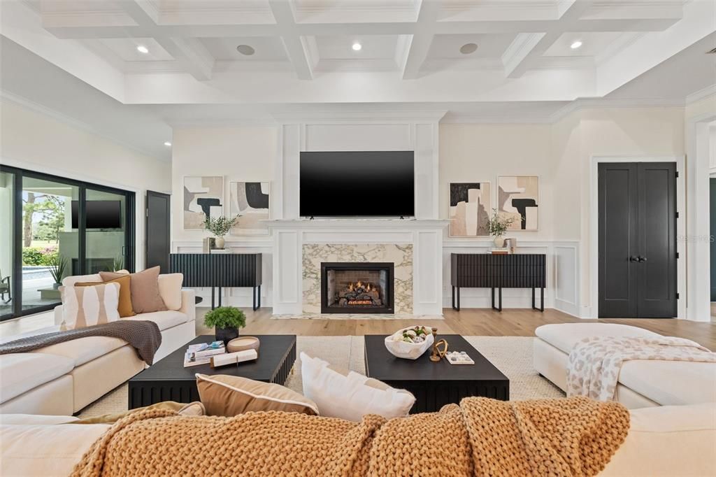 Fireplace, Interior, Living room, Recessed Lighting, Wood Texture Flooring