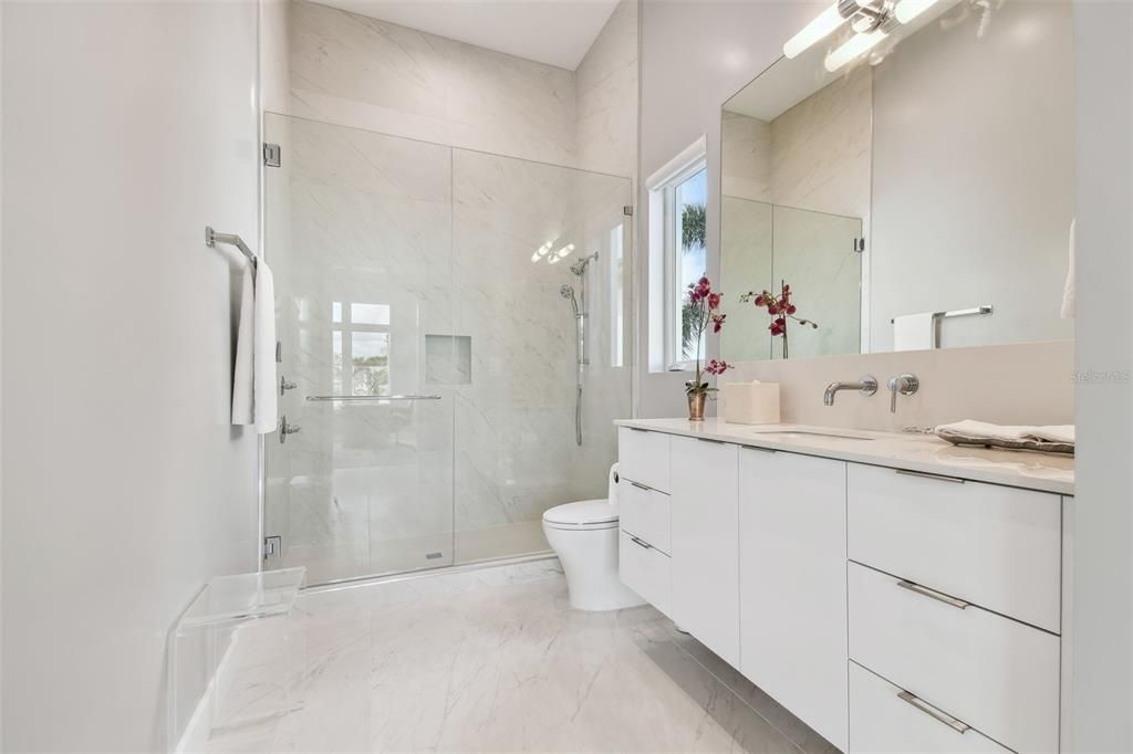 Bathroom, Dual Sink Vanities, Glass Shower, Interior, Marble, Marble Walls