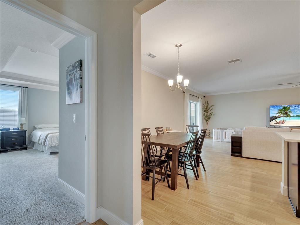 Bedroom, Chandelier, Dining room, Interior, Pendant Lights, Wood Texture Flooring