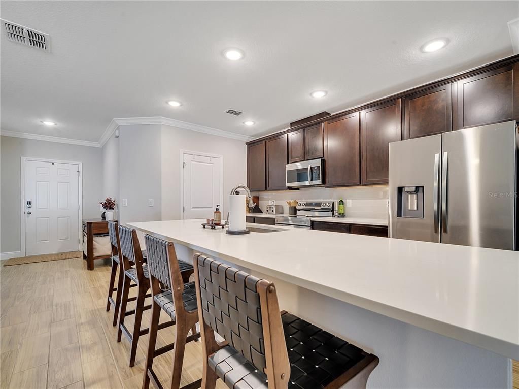 Interior, Kitchen, Recessed Lighting, Stainless Steel Appliances, Wood Texture Flooring