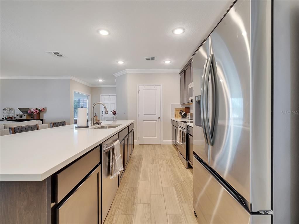 Interior, Kitchen, Recessed Lighting, Stainless Steel Appliances, Wood Texture Flooring