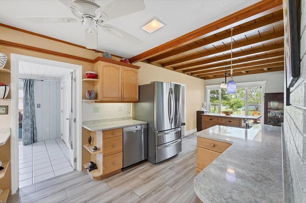 Interior, Kitchen, Pendant Lights, Wooden Beams, Wooden Ceilings, Wood Texture Flooring