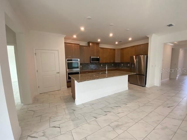 Interior, Kitchen, Marble, Recessed Lighting, Stainless Steel Appliances