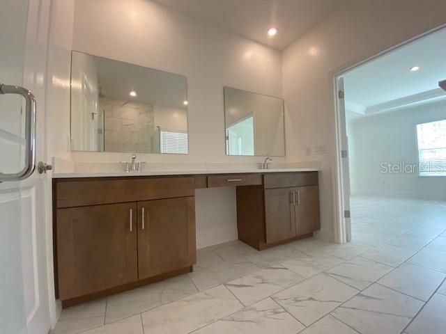 Bathroom, Dual Sink Vanities, Interior, Marble, Recessed Lighting