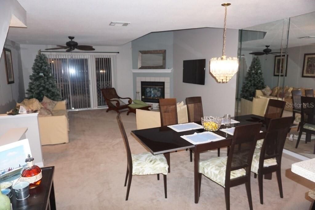 Dining room, Fireplace, Interior, Living room, Pendant Lights
