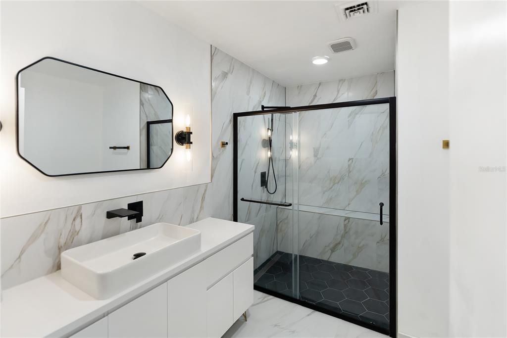 Bathroom, Glass Shower, Interior, Marble, Marble Walls, Recessed Lighting