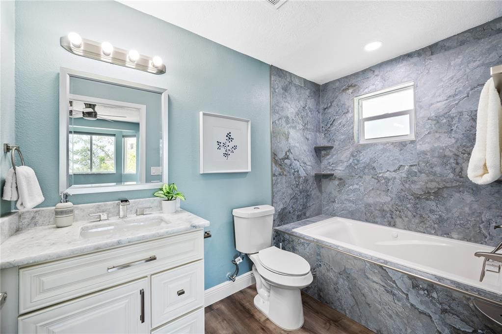 Bathroom, Interior, Marble Walls, Recessed Lighting, Wood Texture Flooring