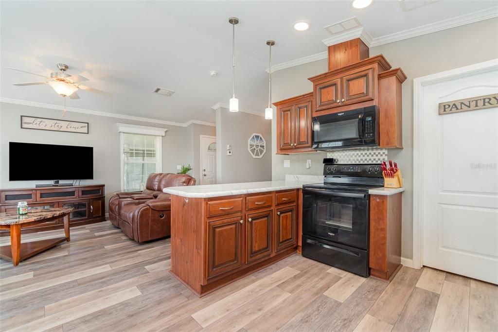 Interior, Kitchen, Pendant Lights, Recessed Lighting, Wood Texture Flooring