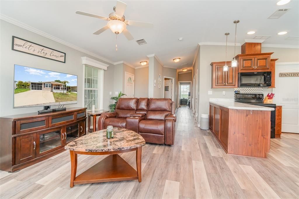 Interior, Kitchen, Living room, Pendant Lights, Recessed Lighting, Wood Texture Flooring