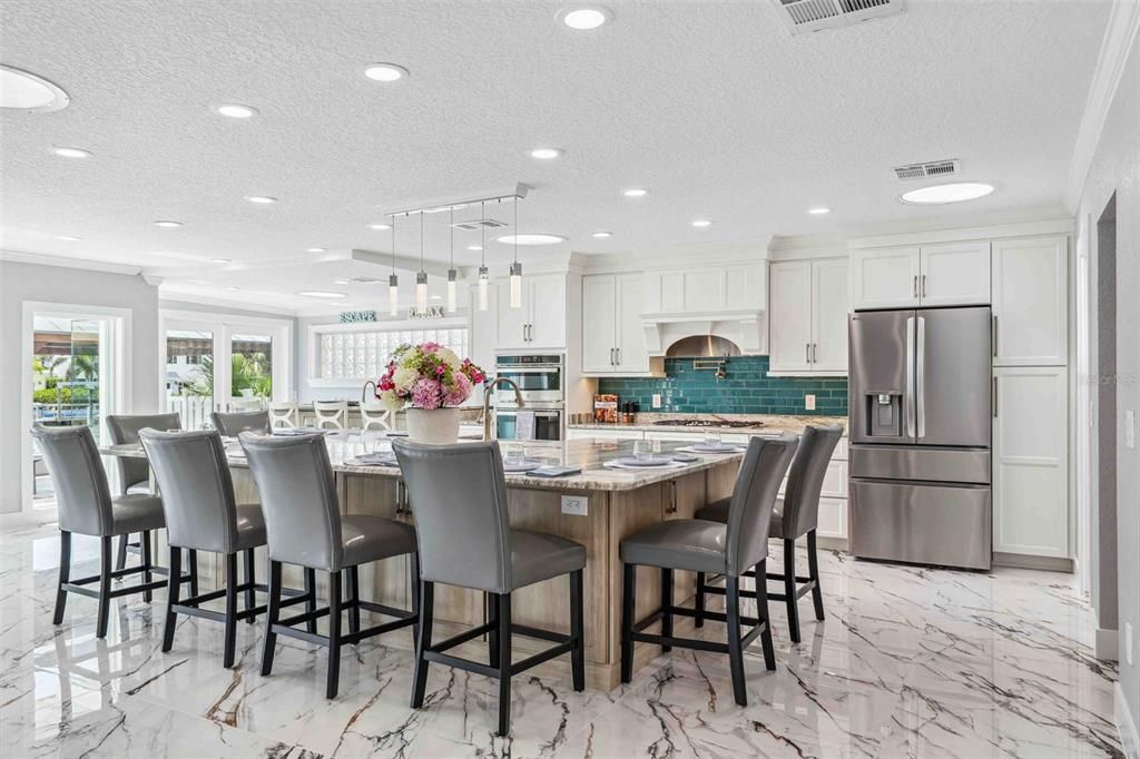 Interior, Kitchen, Marble, Pendant Lights, Recessed Lighting, Stainless Steel Appliances