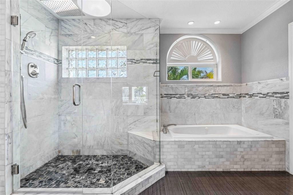 Bathroom, Glass Shower, Interior, Marble Walls, Recessed Lighting