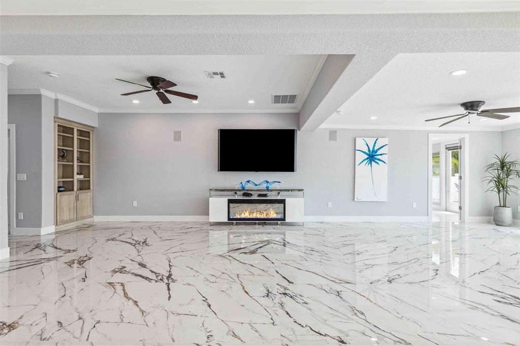 Empty room, Fireplace, Interior, Marble, Recessed Lighting