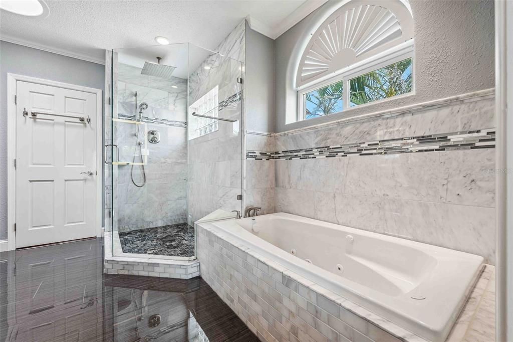 Bathroom, Glass Shower, Interior, Marble Walls, Recessed Lighting