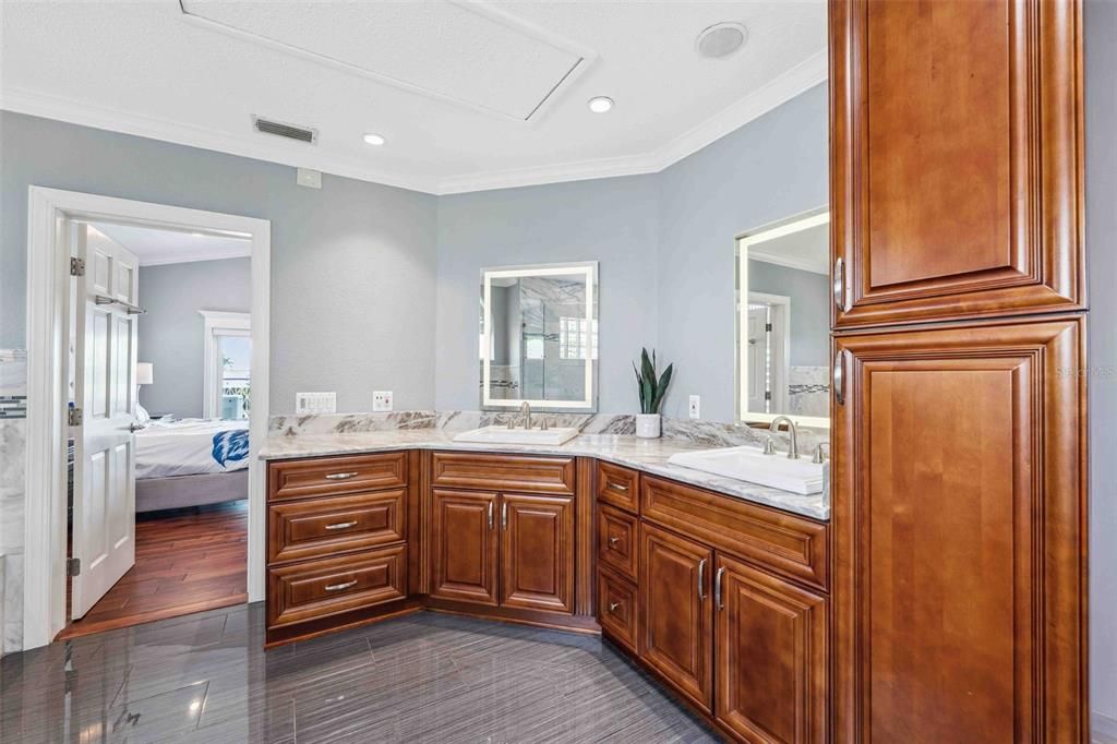 Bathroom, Bedroom, Dual Sink Vanities, Interior, Recessed Lighting, Wood Texture Flooring