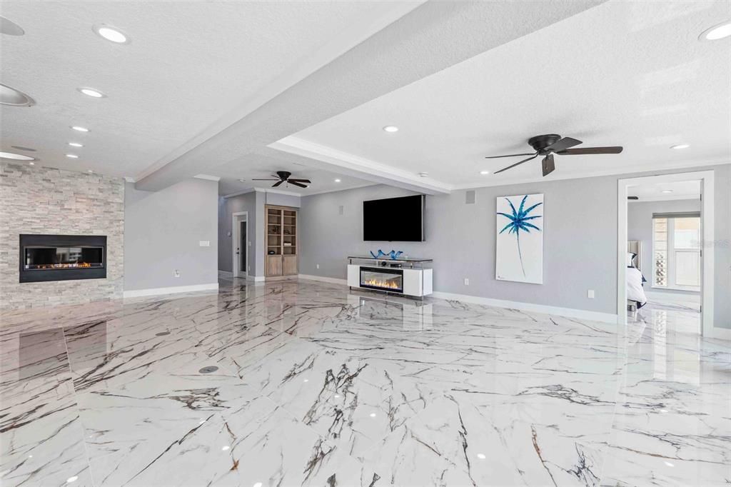 Empty room, Fireplace, Interior, Marble, Recessed Lighting, Stone Walls