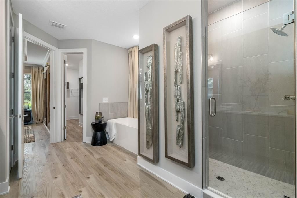 Bathroom, Glass Shower, Interior, Recessed Lighting, Wood Texture Flooring