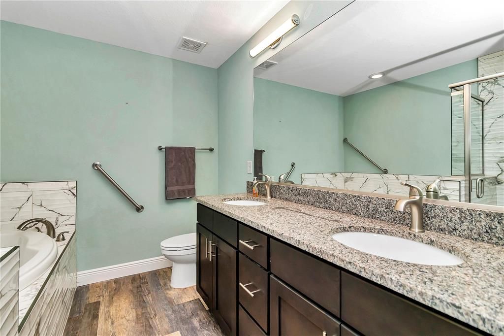 Bathroom, Dual Sink Vanities, Interior, Recessed Lighting, Wood Texture Flooring