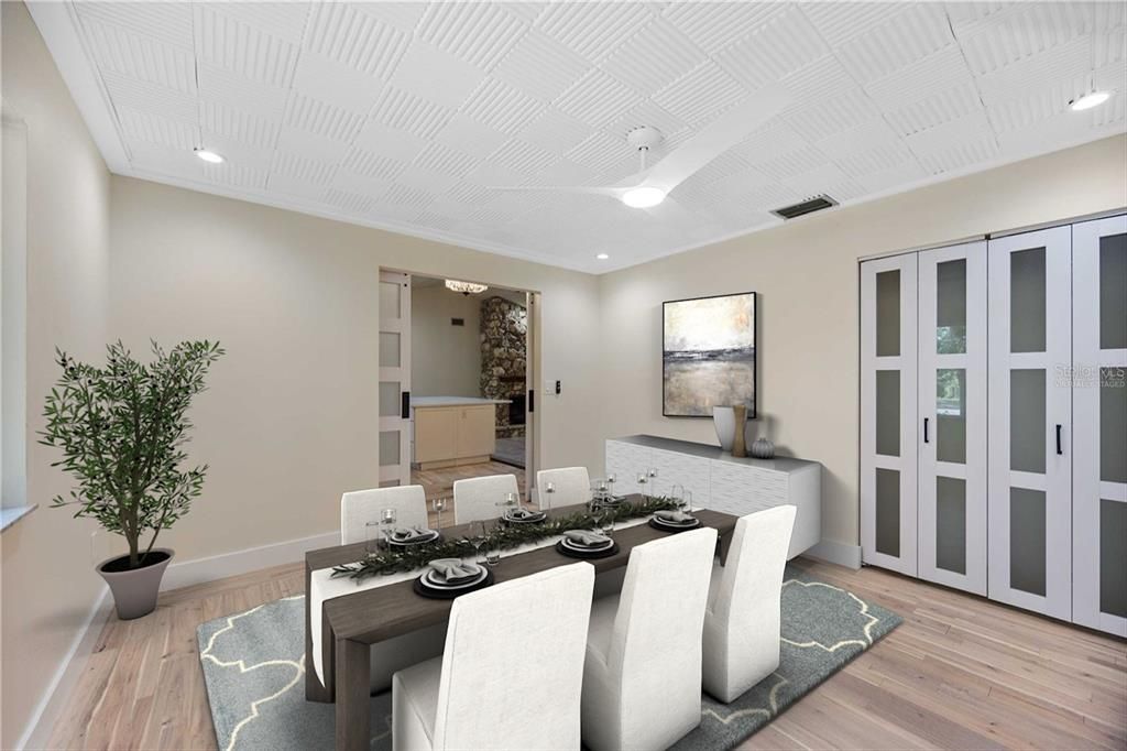 Dining room, Interior, Recessed Lighting, Wood Texture Flooring